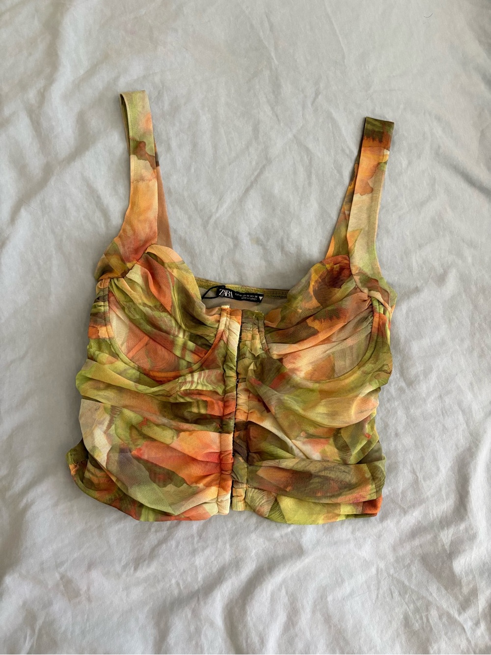 Zara Green & Orange Watercolor Ruched Crop Top